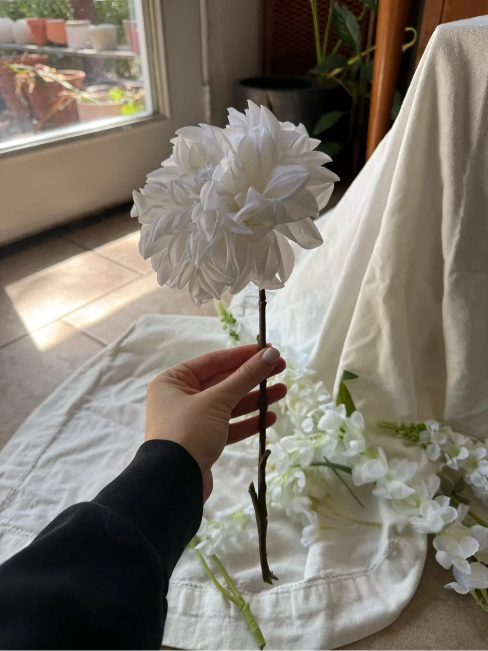 Wedding Supplies - White Table Cloth, Faux Florals, Floral Foam